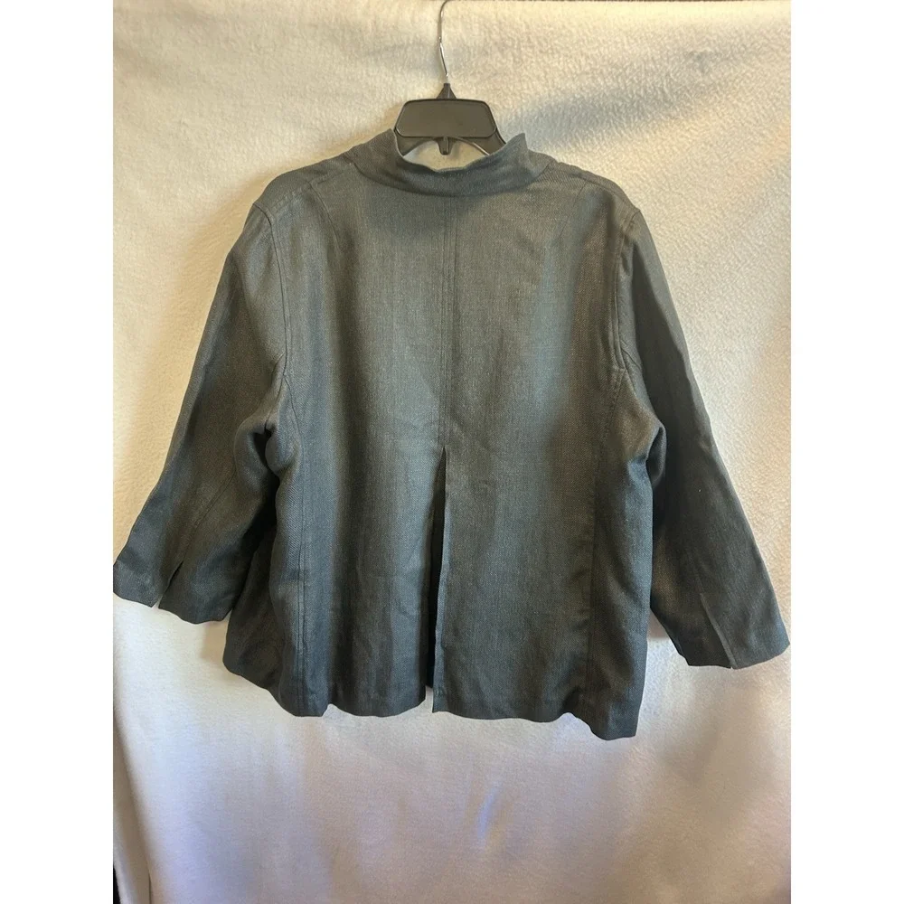 Eileen Fisher Open Front Blazer Jacket Long Sleeve Gray XL Woven Linen Blend EUC